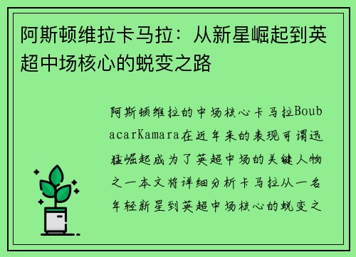 阿斯顿维拉卡马拉:从新星崛起到英超中场核心的蜕变之路